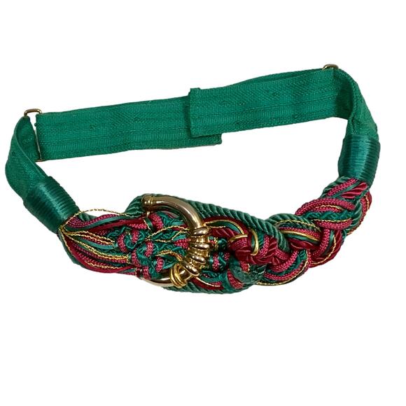 80s Boho Gypsy Teal Fuchsia and Gold Cord Knot Obi Belt - Picture 2 of 8